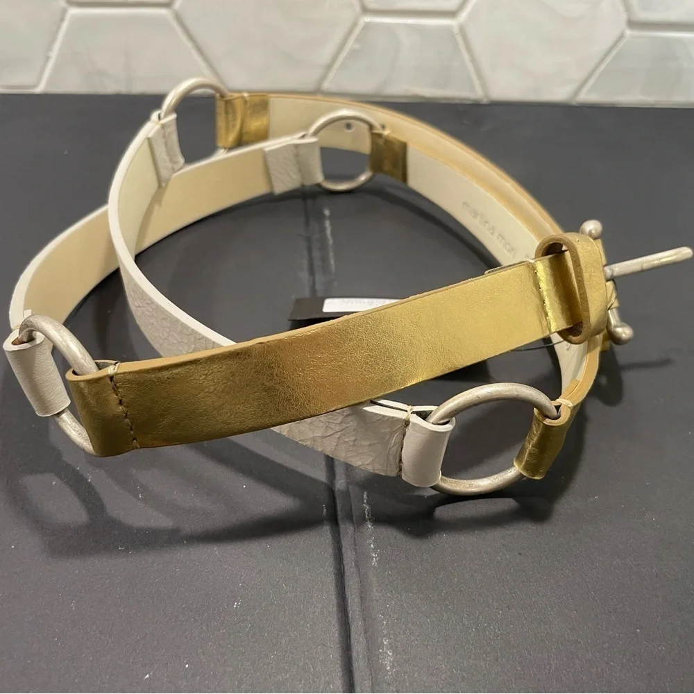 Martina Mori Leather White & Gold D Ring Belt Made In Italy Silver Buckle Chic!